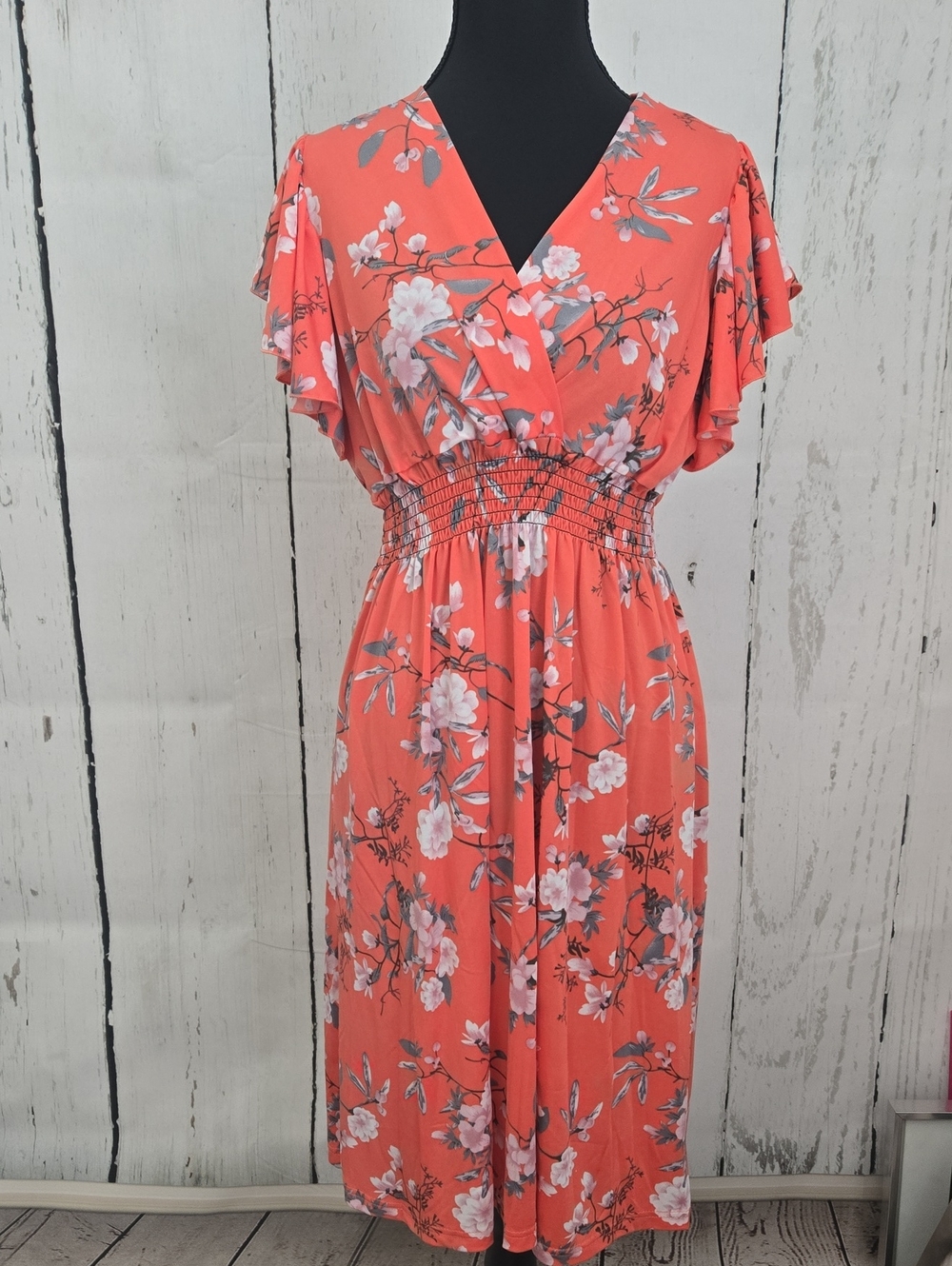 Coral Floral V-Neck Smocked Midi Dress